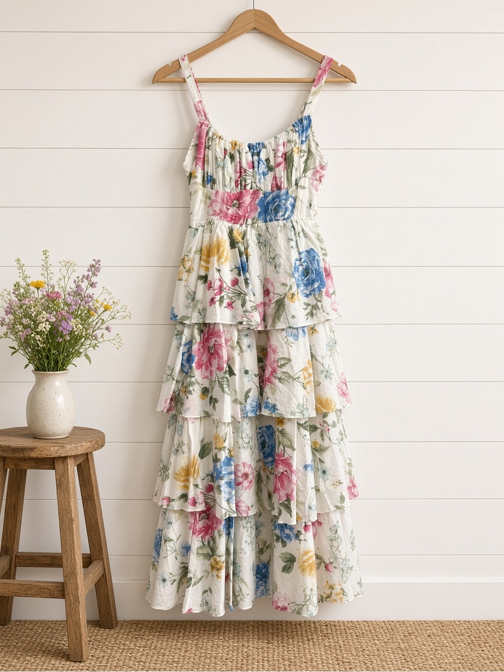 Floral Sleeveless Ruffle Tiered Skirt Midi Dress Medium